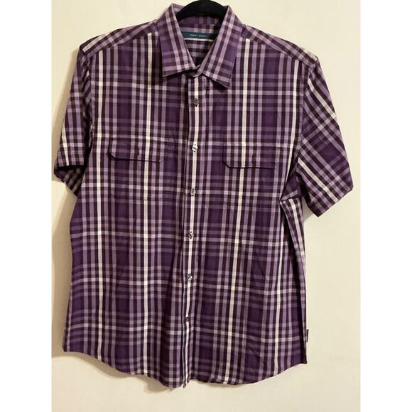 PERRY ELLIS Men's Shirt Large Violet white Plaid Short Sleeve Linen Cotton - Picture 1 of 8